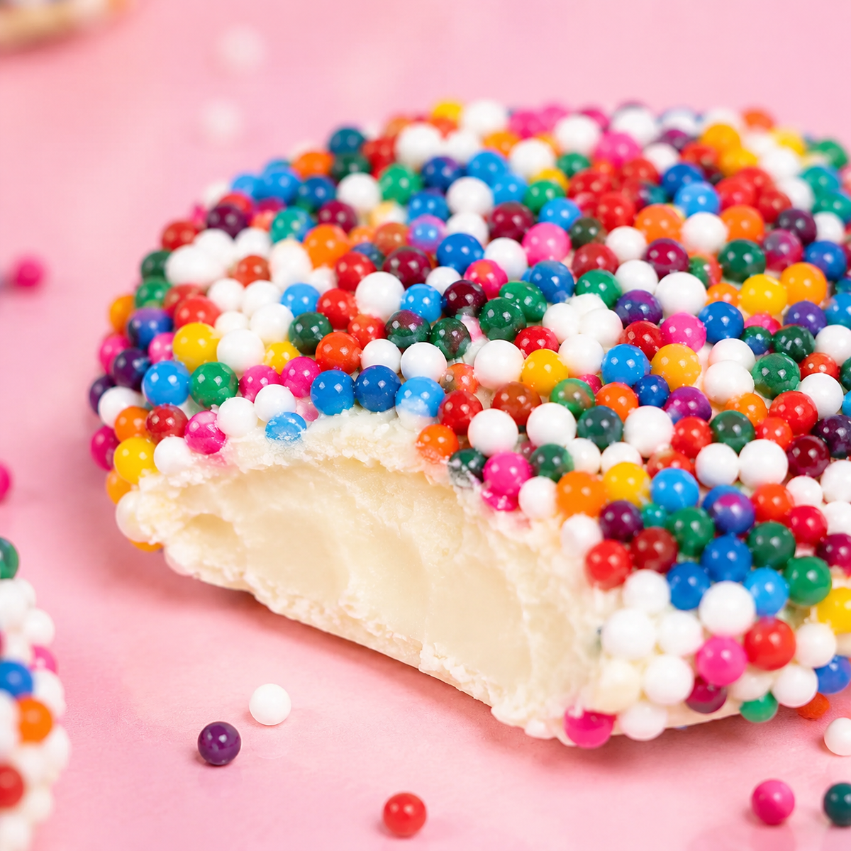 Close-up of a white chocolate nonpareil disc