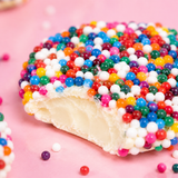 Close-up of a white chocolate nonpareil disc