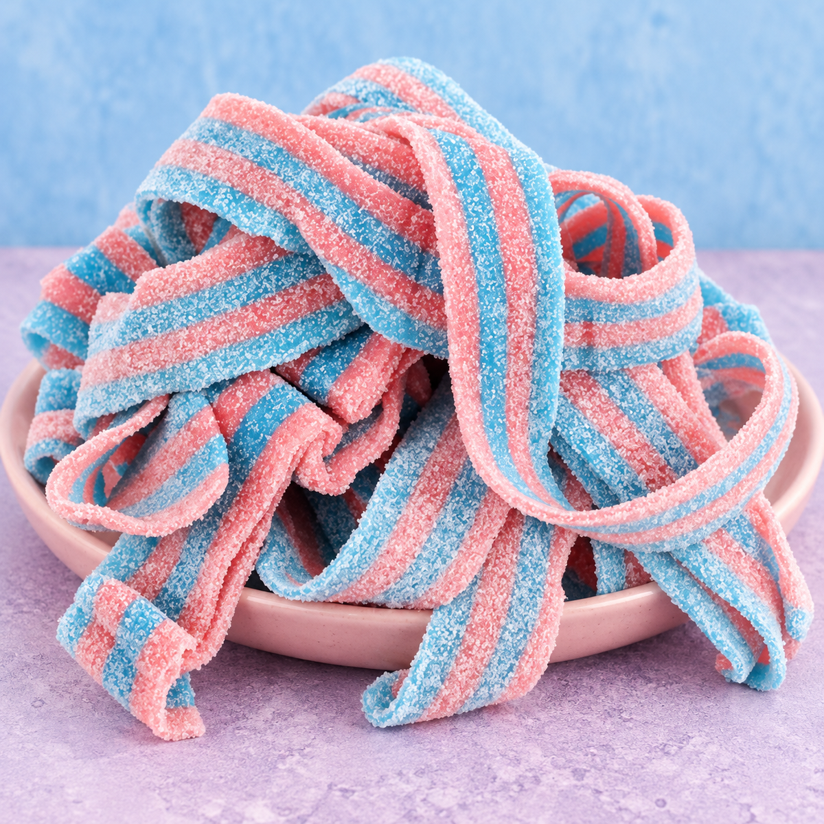 Cotton Candy Sour Belts in a bowl, chewy pink and blue sour candy strips coated in sour sugar