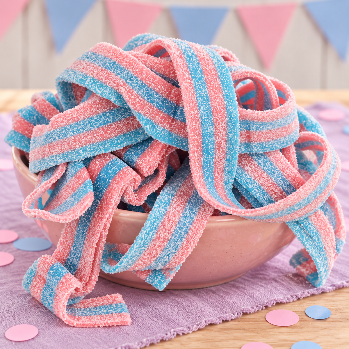 Close-up of Cotton Candy Sour Belts showing the sour sugar coating on cotton candy candy belts