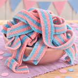 Close-up of Cotton Candy Sour Belts showing the sour sugar coating on cotton candy candy belts