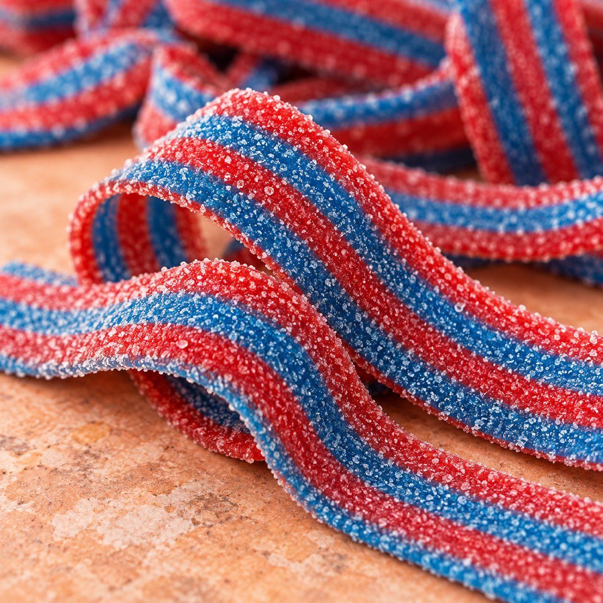 Blazpberry Sour Belts sold by the pound at Avaza Candy, red and blue raspberry sour belt candy