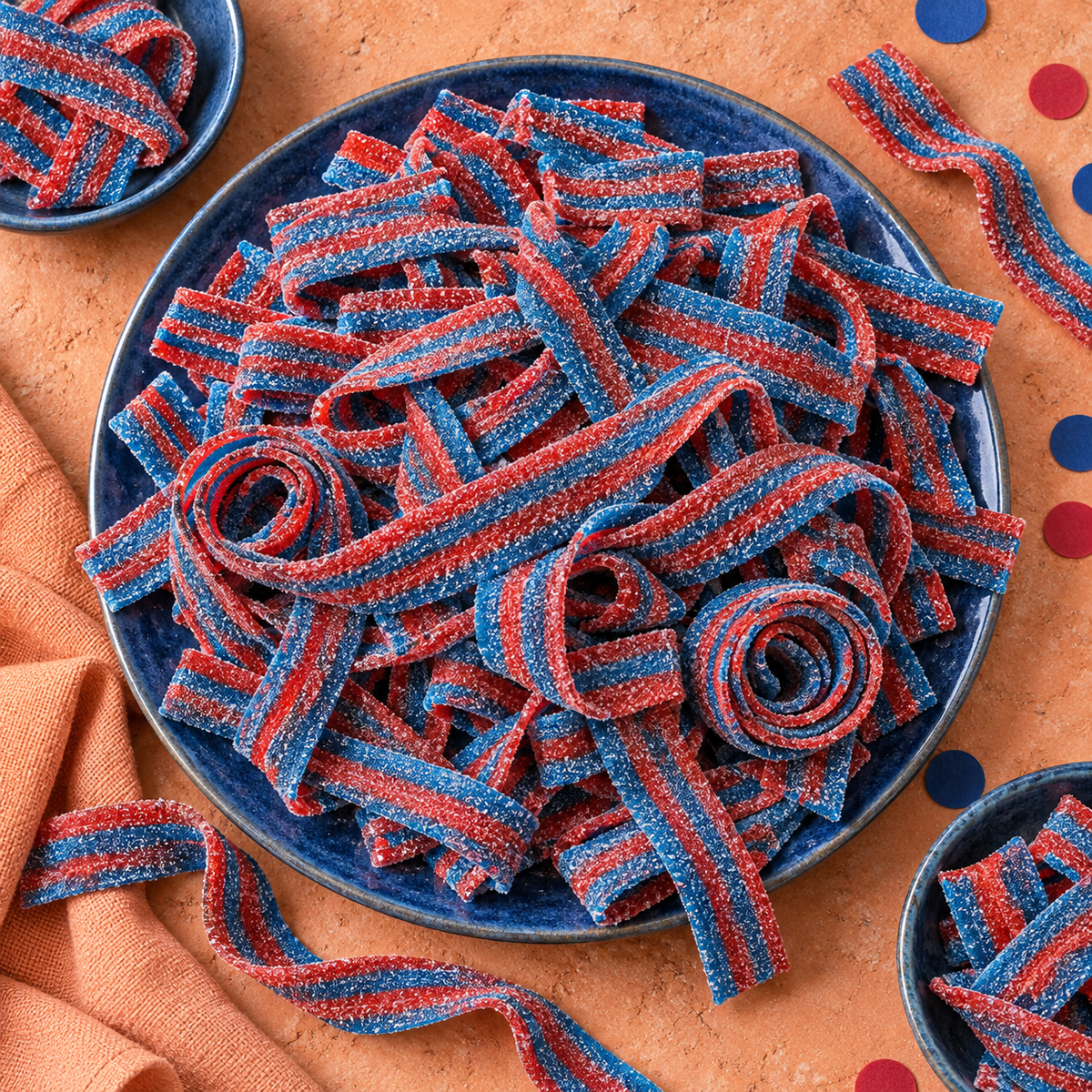 Pile of red and blue raspberry sour candy belts for parties and candy buffets