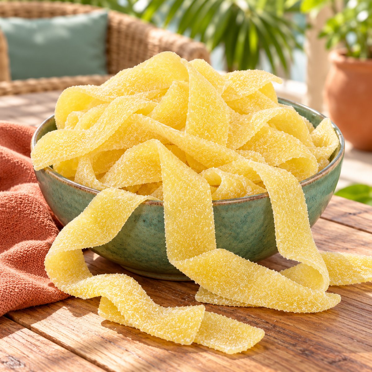 Close-up of Mango Sour Belts showing the sour sugar coating on mango candy belts