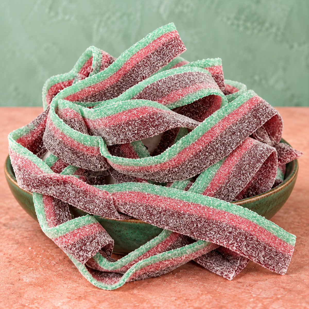 Watermelon Sour Belts in a bowl, chewy red and green sour candy strips coated in sour sugar