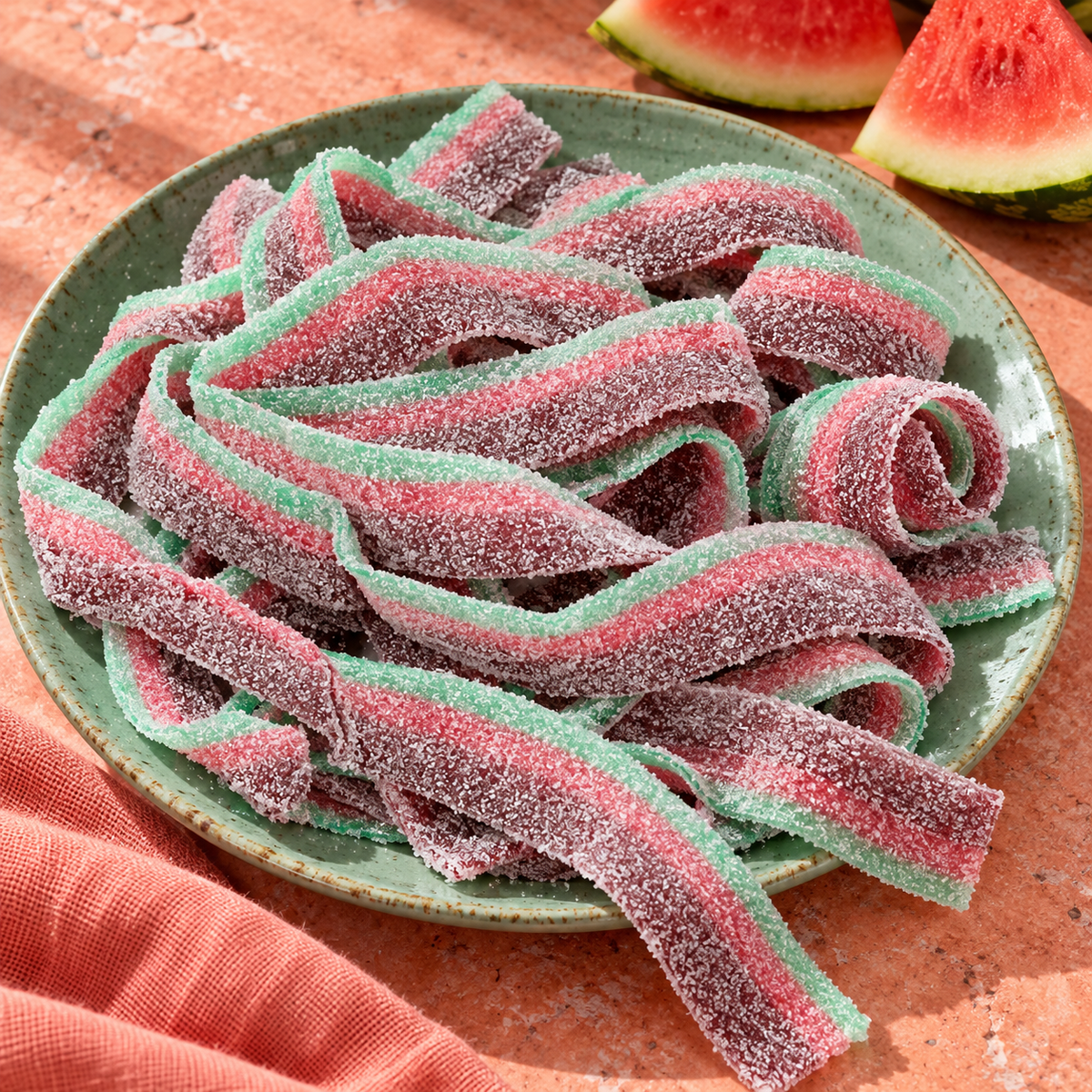 Pile of watermelon sour candy belts for parties and candy buffets