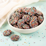Milk chocolate nonpareils in a serving bowl