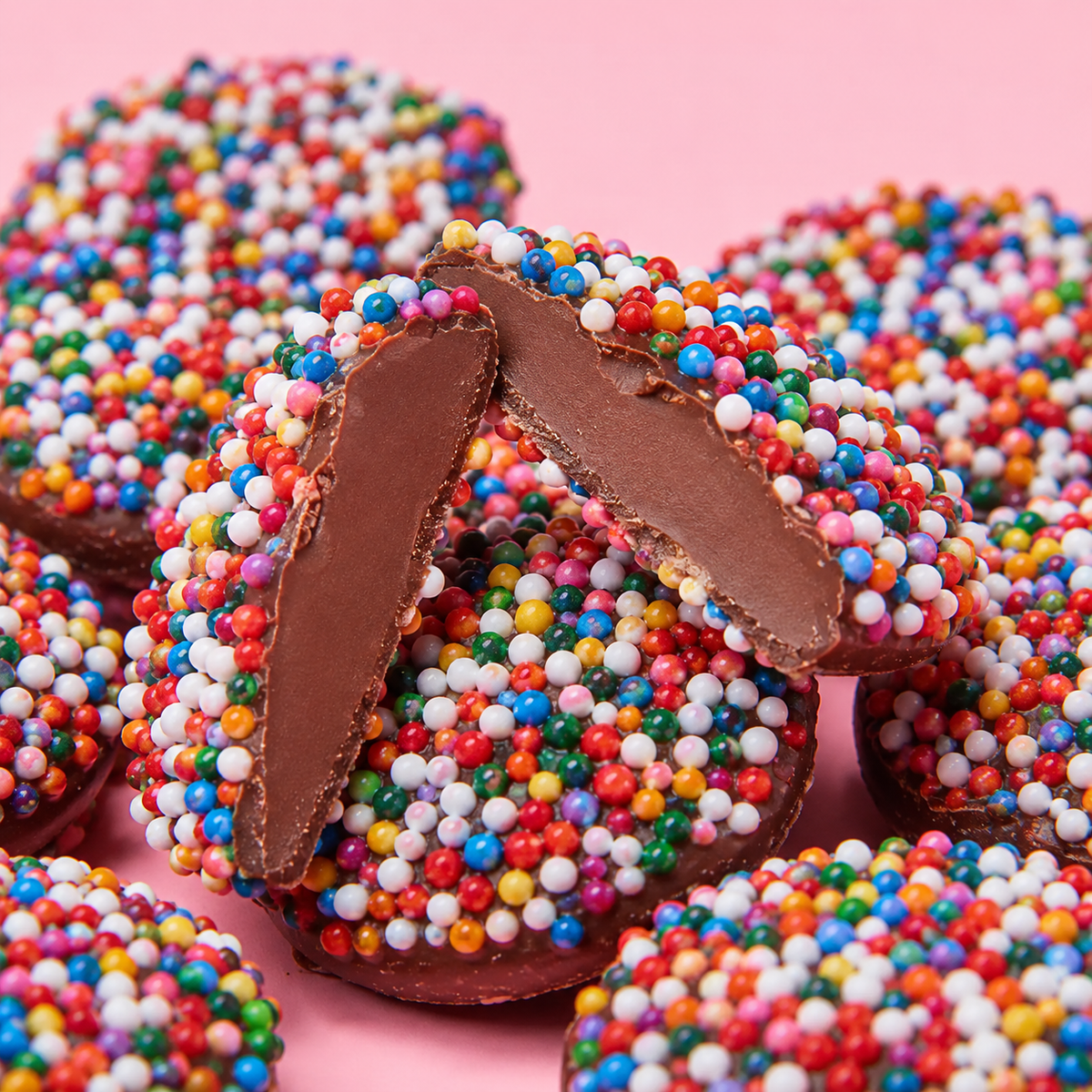 Close-up of a milk chocolate nonpareil disc