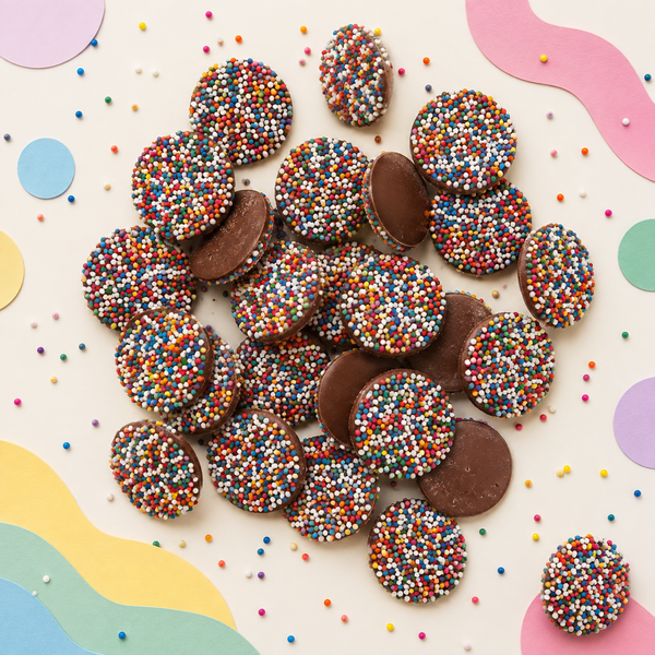 Milk chocolate nonpareils topped with rainbow seeds