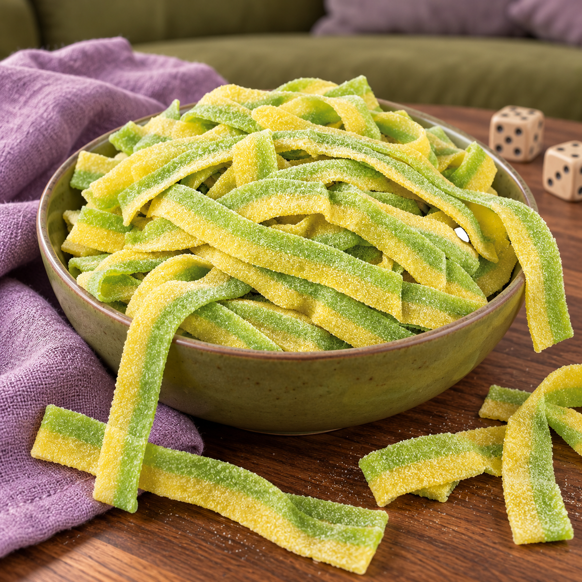 Close-up of Pickle Sour Belts showing the sour sugar coating on dill pickle candy belts