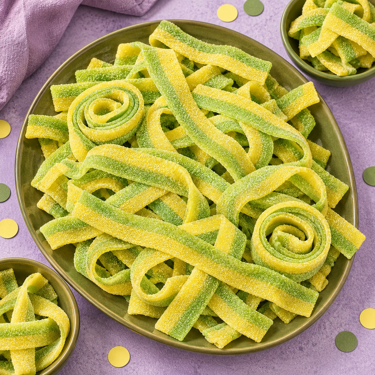 Pile of dill pickle sour candy belts for parties and candy buffets