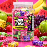 Assorted Now and Later giant chews in apple, banana, cherry, grape and strawberry wrappers
