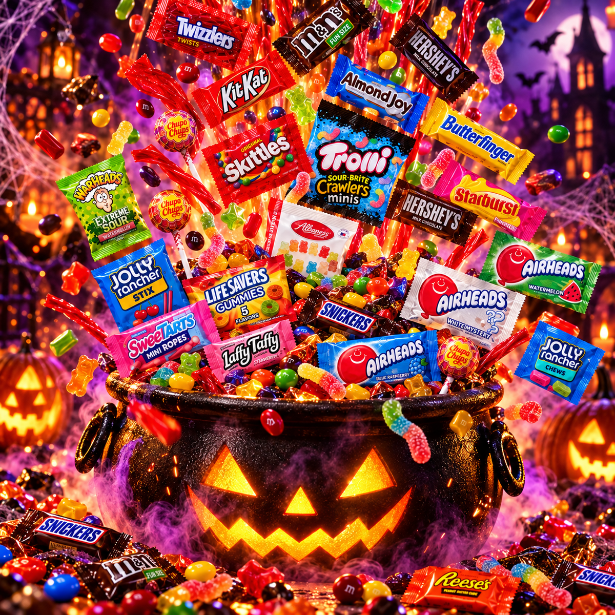Assorted wrapped fun-size chocolate bars and candies in Halloween mix