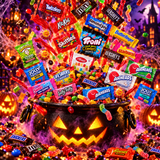 Assorted wrapped fun-size chocolate bars and candies in Halloween mix