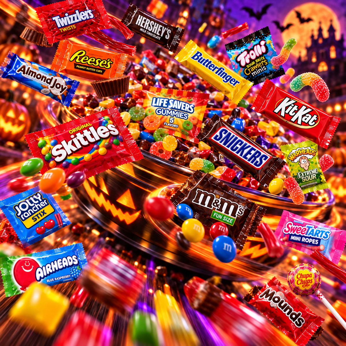 Halloween candy mix poured into a trick-or-treat bowl