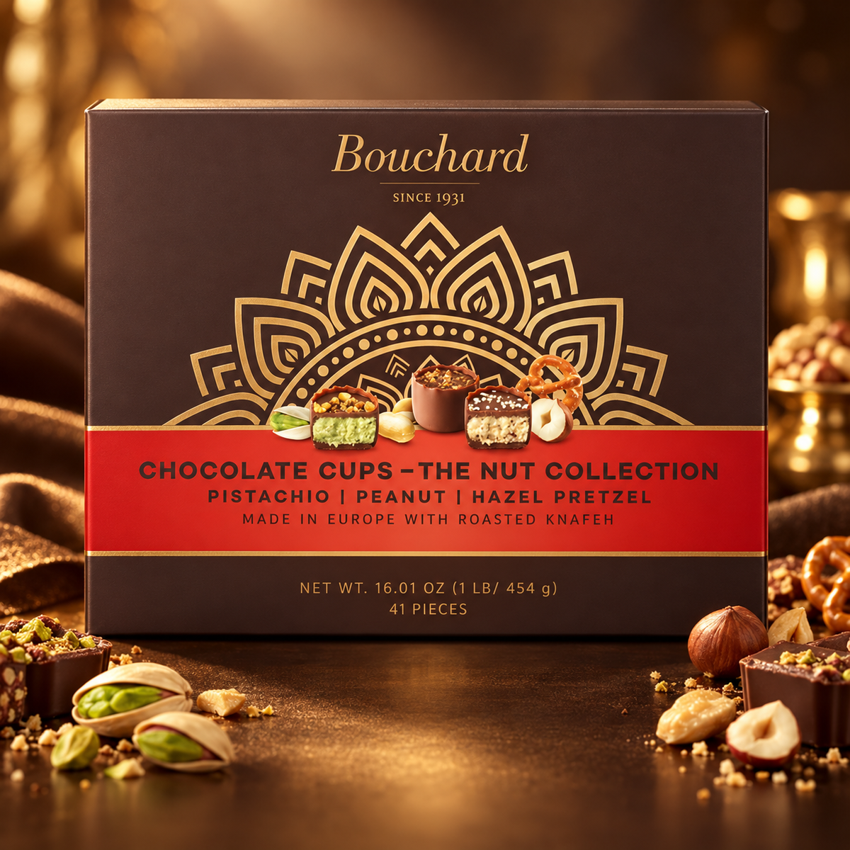 Bouchard pistachio, peanut and hazelnut pretzel chocolate cups