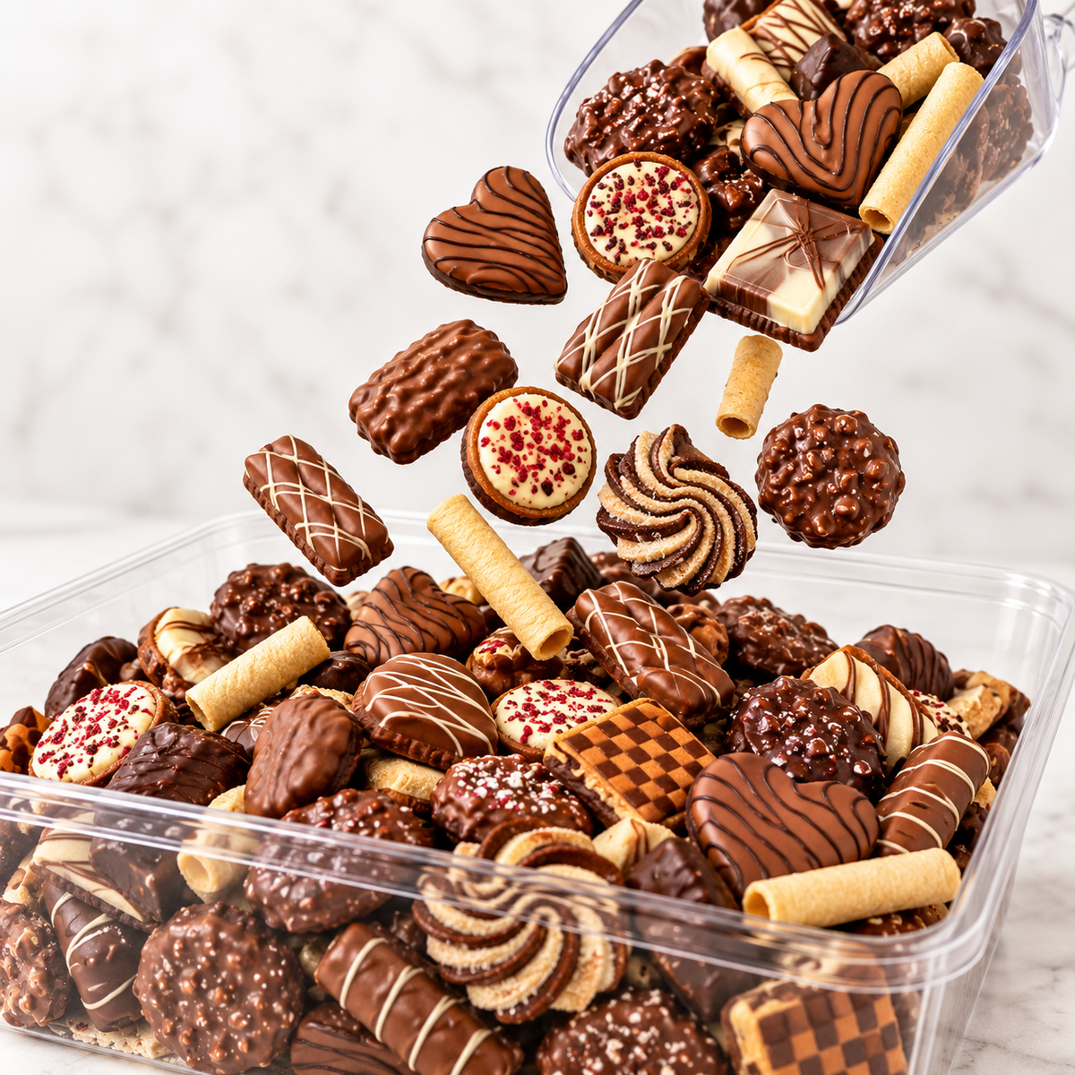 Assorted European cookies dipped in Belgian milk, dark and white chocolate