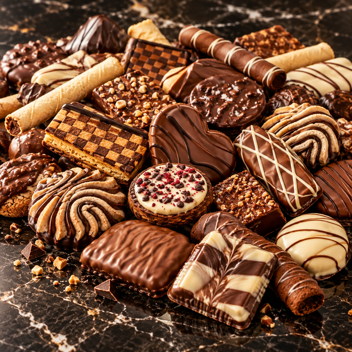 Chocolate-dipped butter cookies and cream-filled wafers