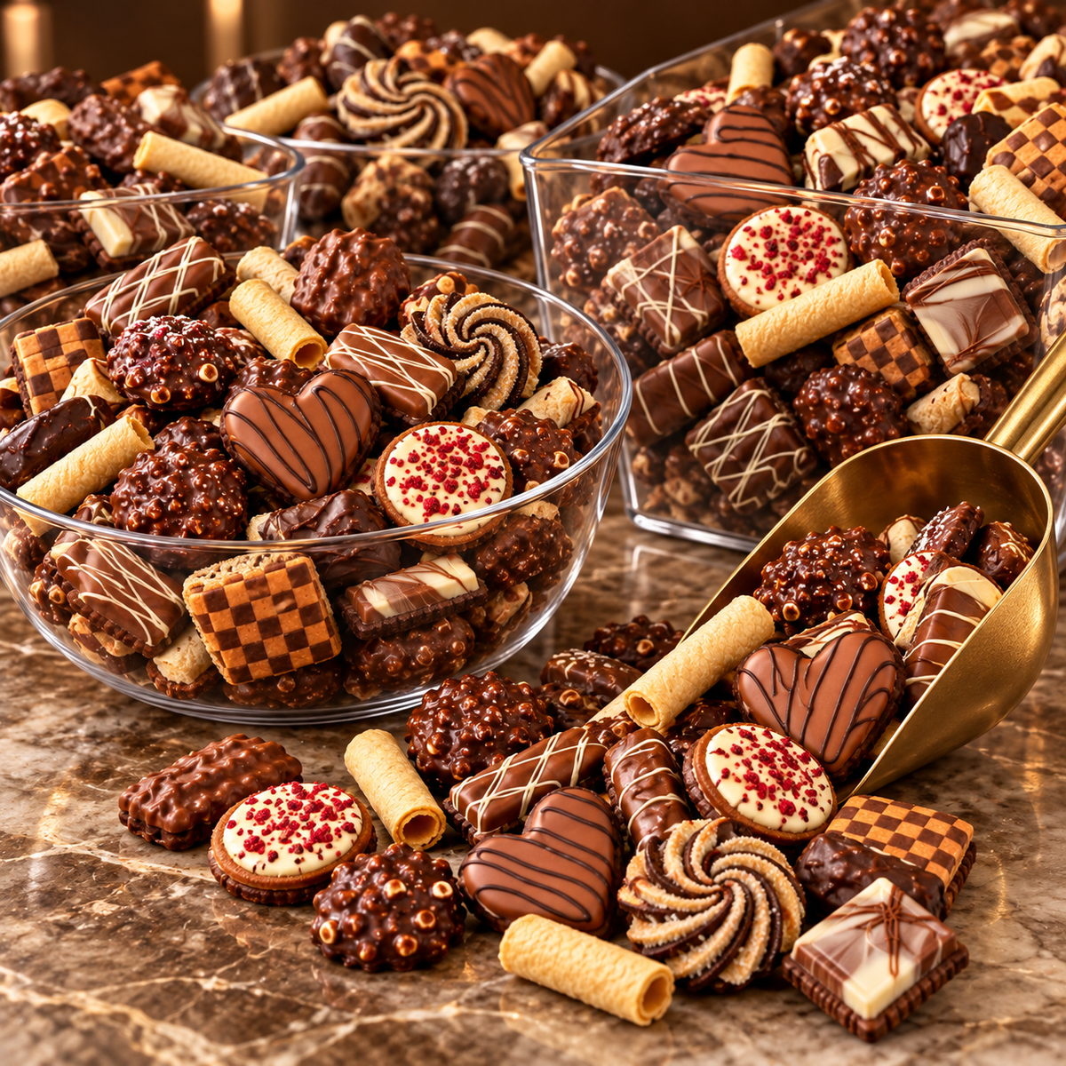 Belgian chocolate cookie assortment on a dessert tray