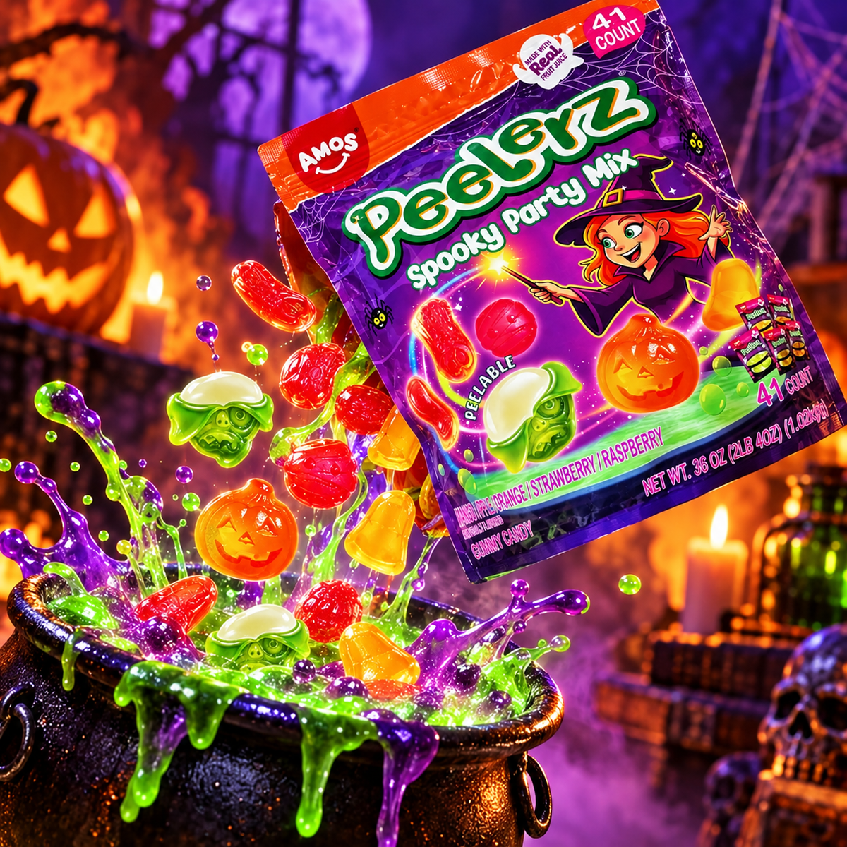 Peelerz peelable gummy fruits in Halloween wrappers