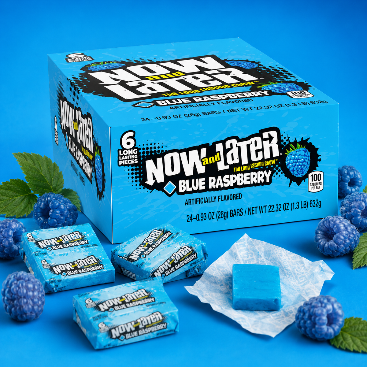 Now and Later Blue Raspberry taffy candy bars, 24 count