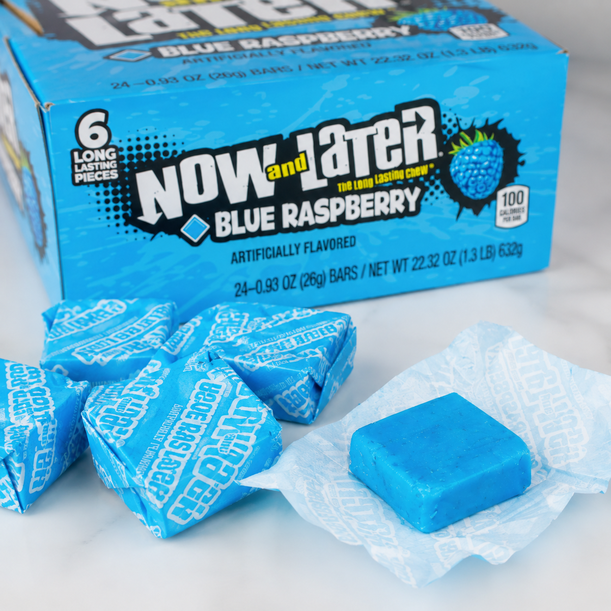 Now and Later Blue Raspberry taffy candy bars, 24 count
