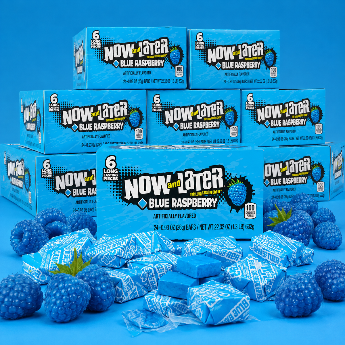 Now and Later Blue Raspberry taffy candy bars, 24 count