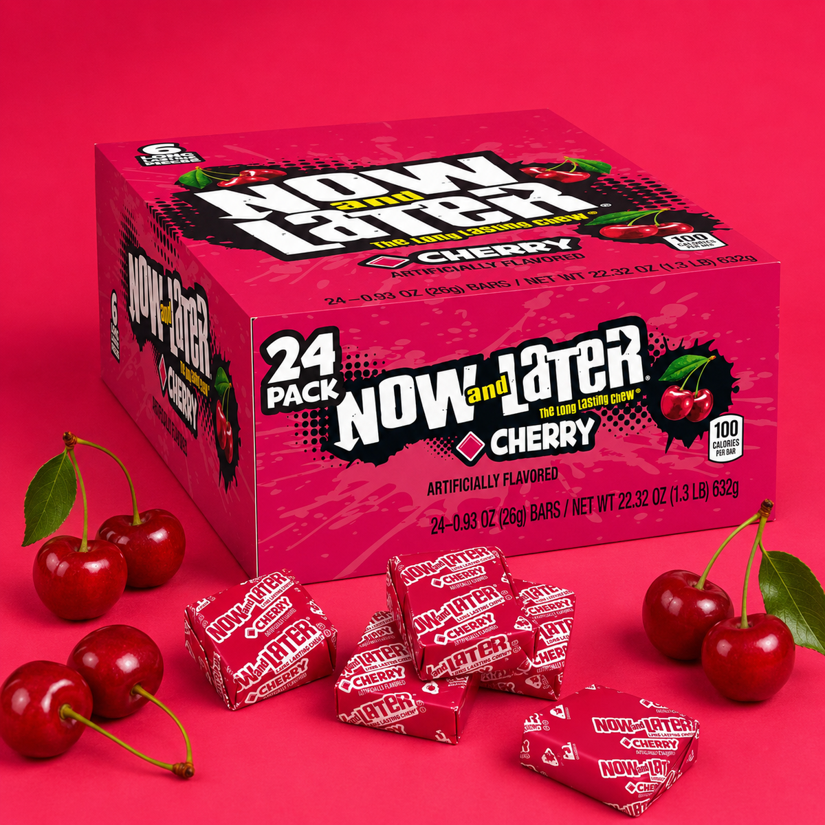 Now and Later Cherry taffy candy bars, 24 count