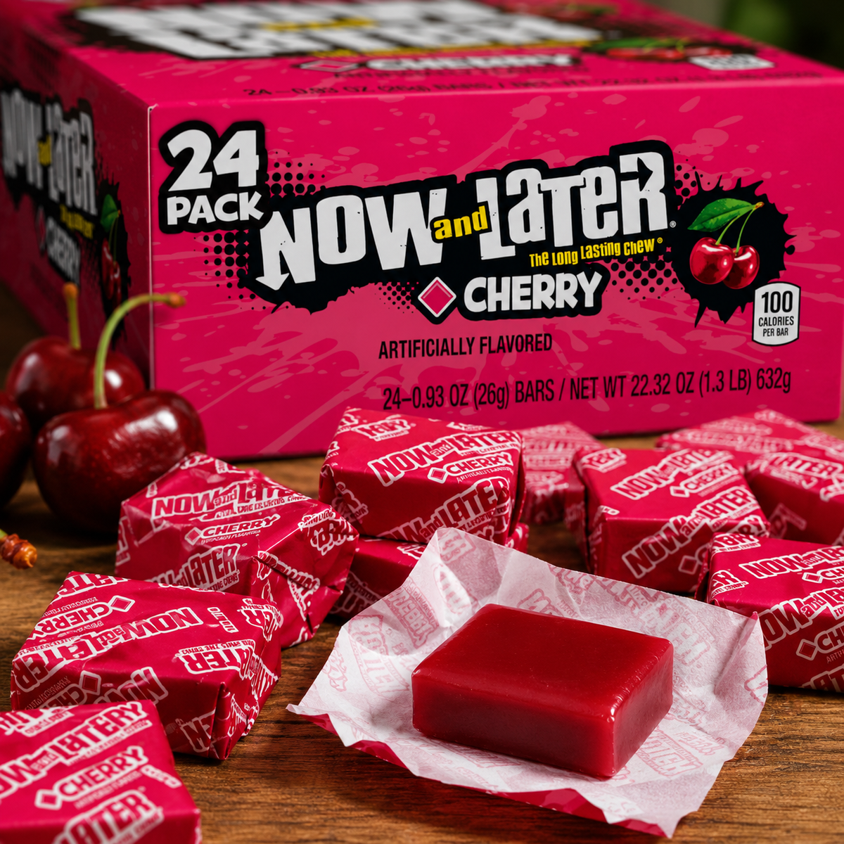 Now and Later Cherry taffy candy bars, 24 count
