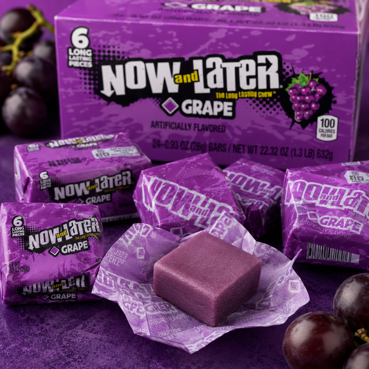 Now and Later Grape taffy candy bars, 24 count