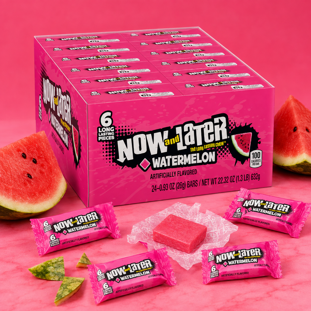 Now and Later Watermelon taffy candy bars, 24 count