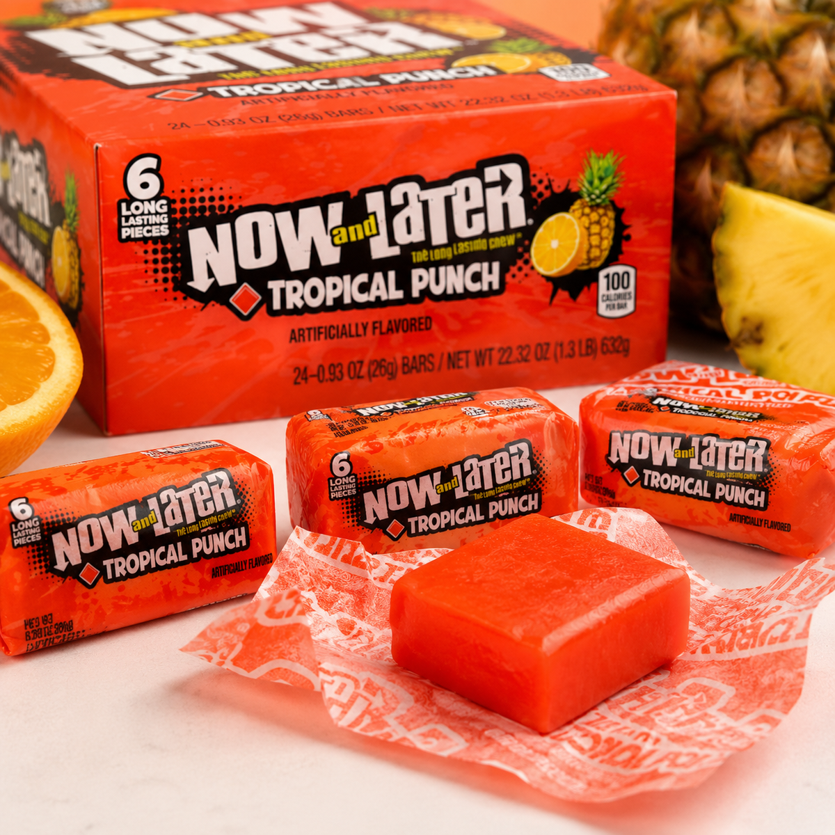 Now and Later Tropical Punch taffy candy bars, 24 count