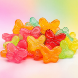 Colorful gummy butterflies candy in six fruit flavors