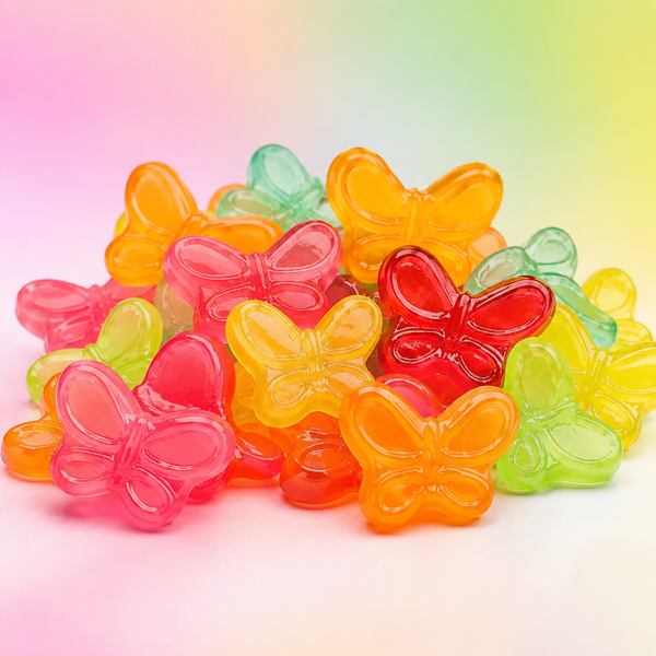 Colorful gummy butterflies candy in six fruit flavors