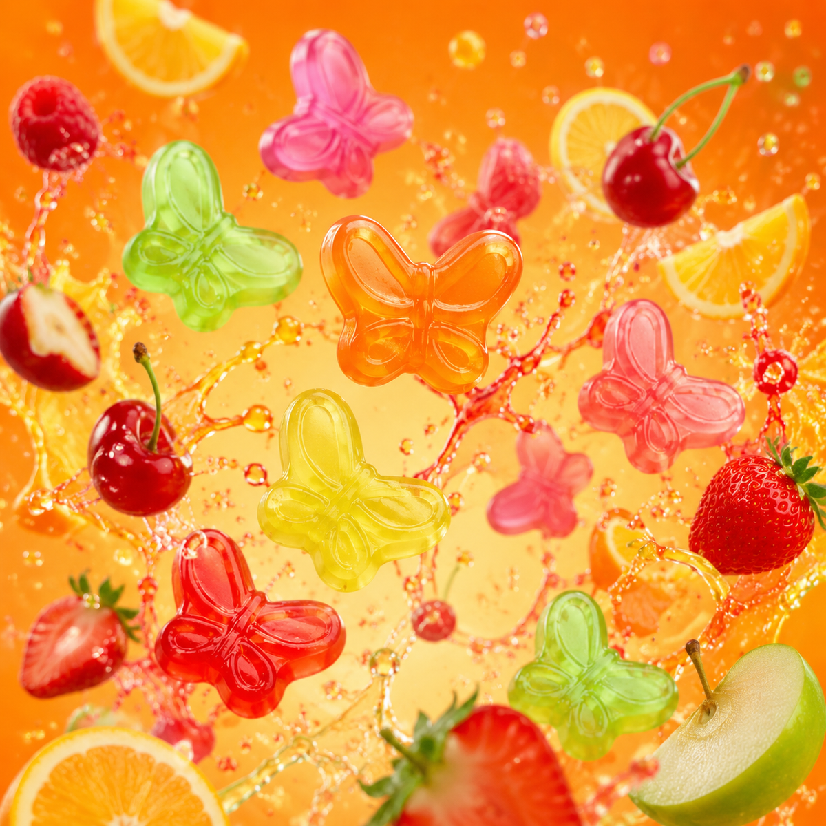 Colorful gummy butterflies candy in six fruit flavors
