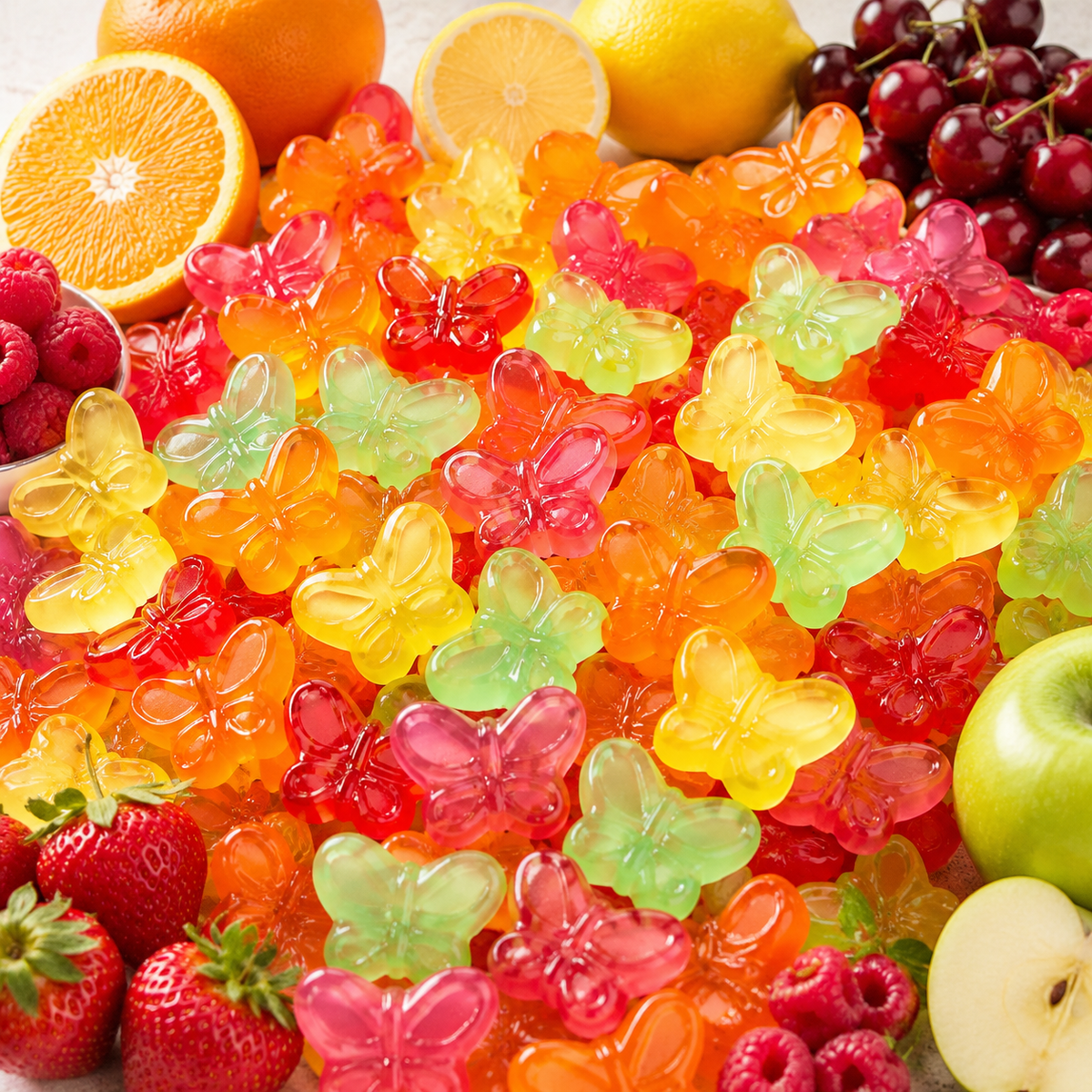 Colorful gummy butterflies candy in six fruit flavors