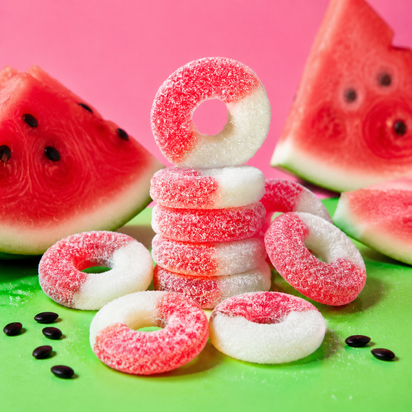 Pink and white gummy watermelon rings candy