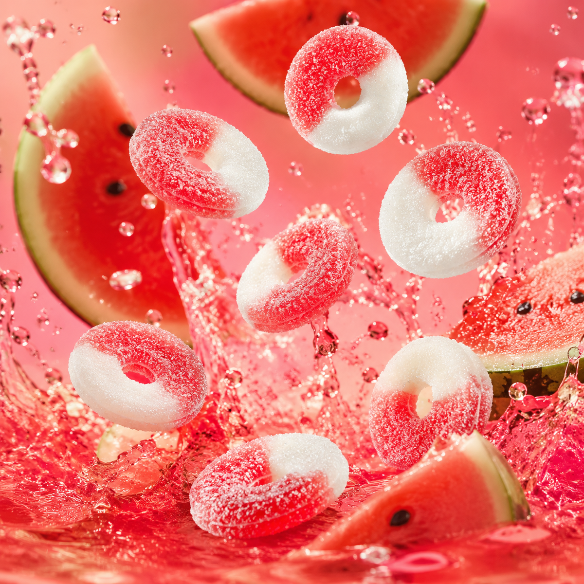 Pink and white gummy watermelon rings candy