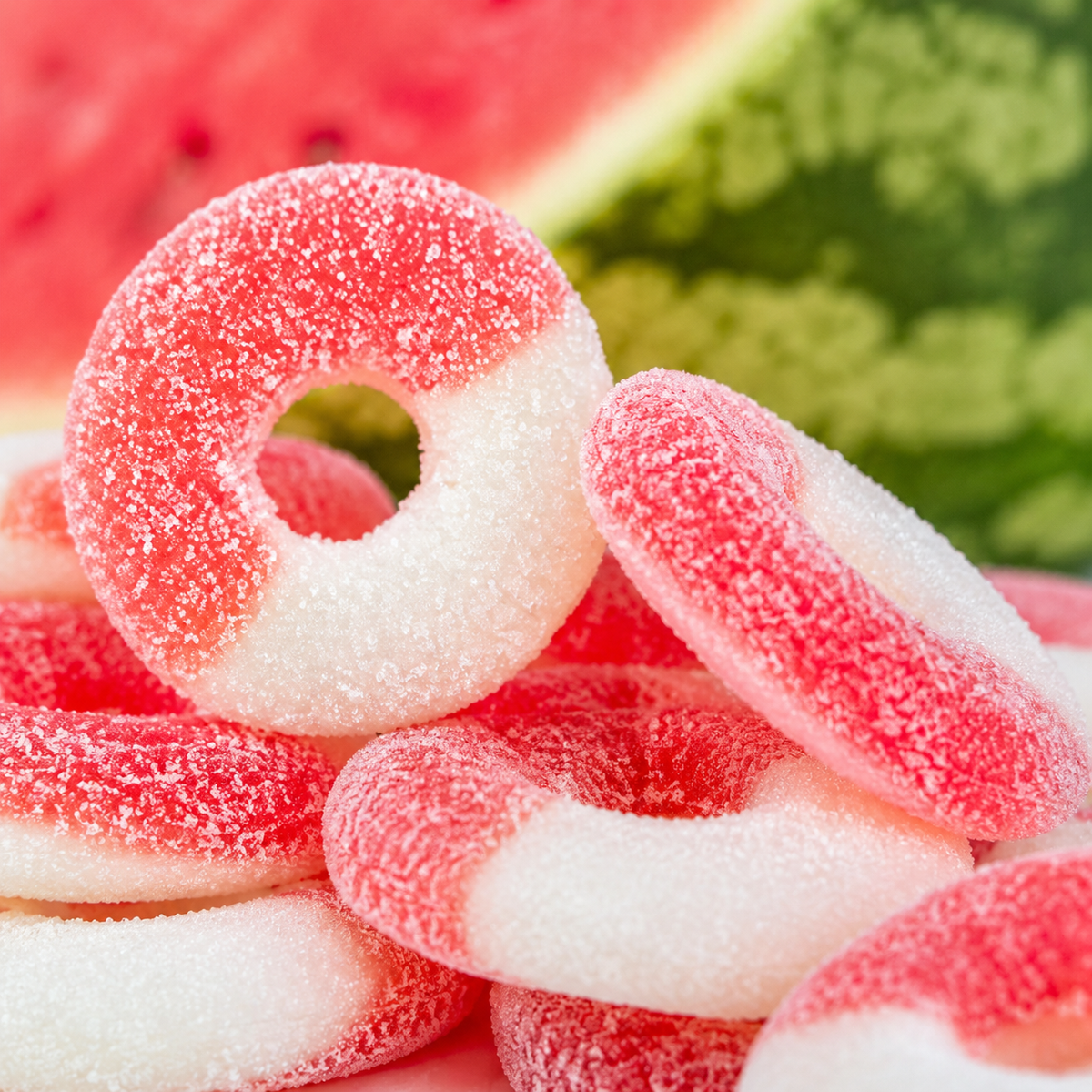 Pink and white gummy watermelon rings candy
