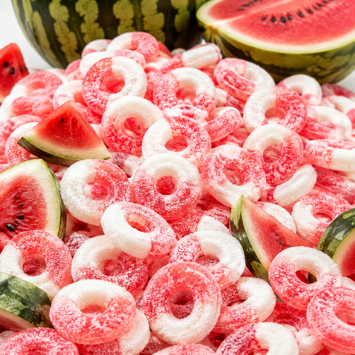 Pink and white gummy watermelon rings candy