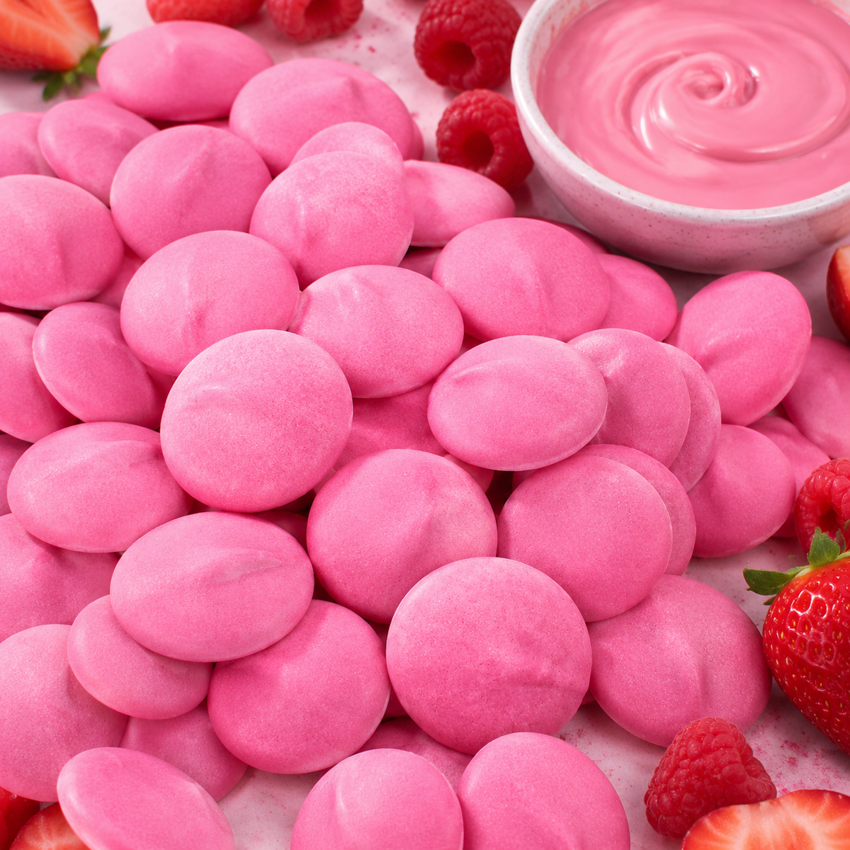 Pink chocolate melting wafers in bulk bag