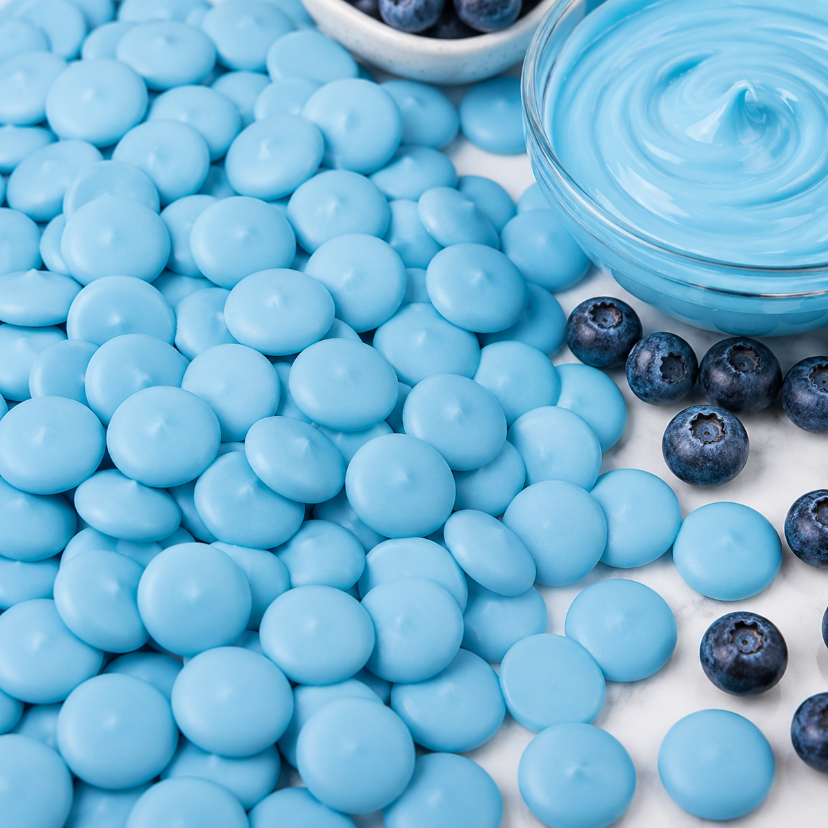 Blue chocolate melting wafers in bulk bag