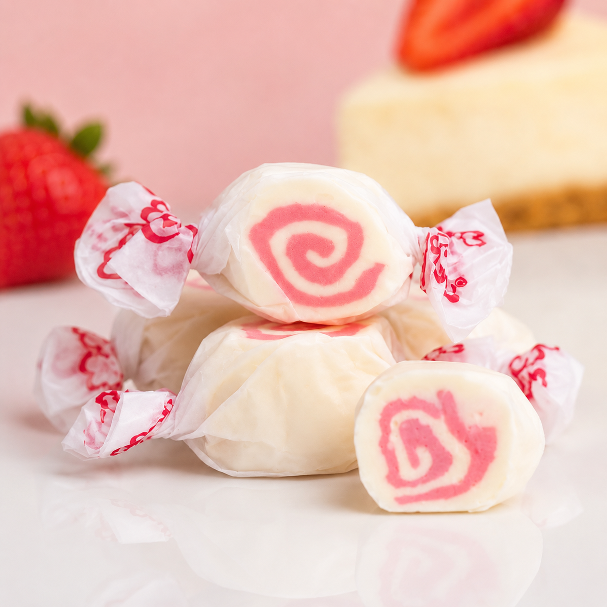 Strawberry Cheesecake salt water taffy, individually wrapped pieces