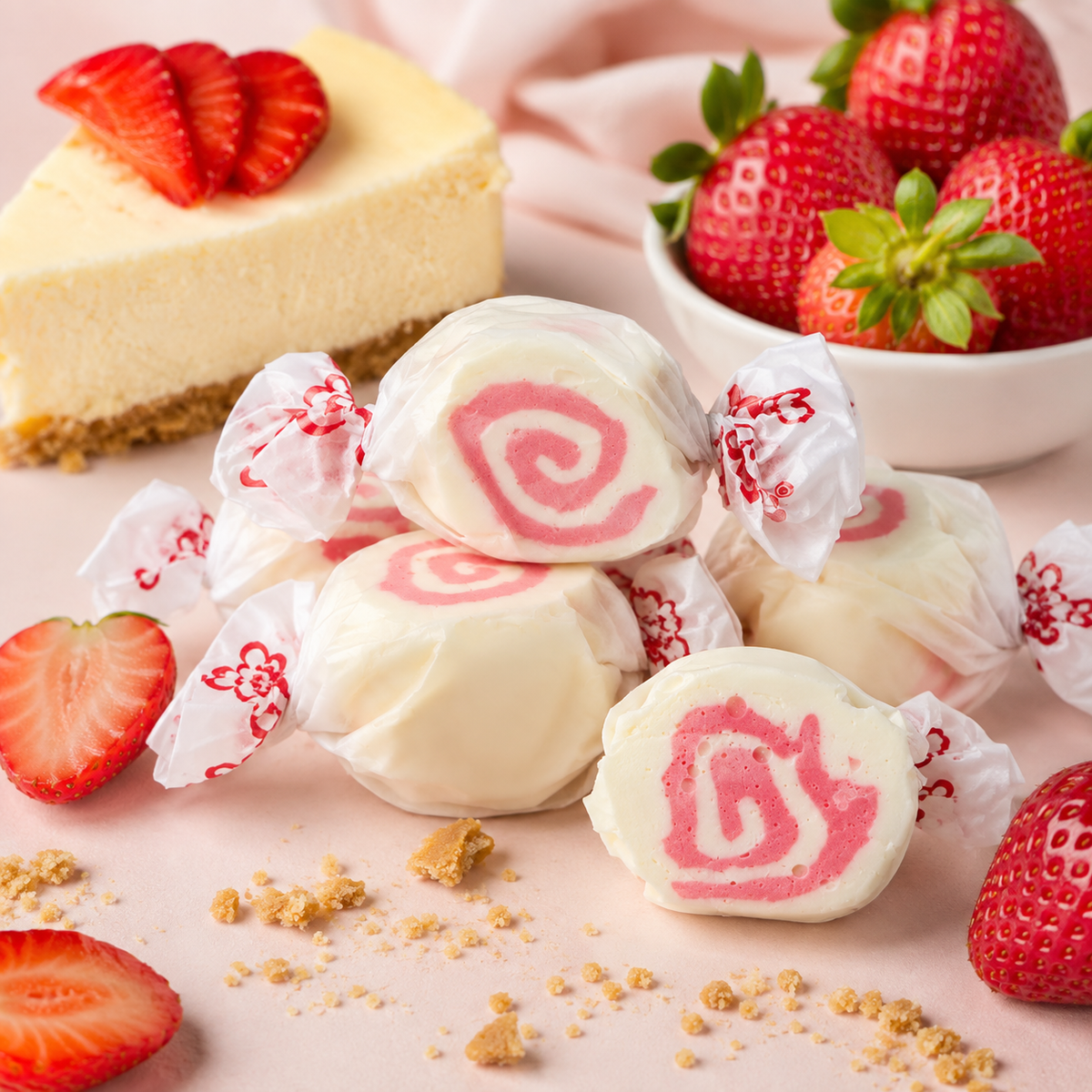 Strawberry Cheesecake salt water taffy, individually wrapped pieces
