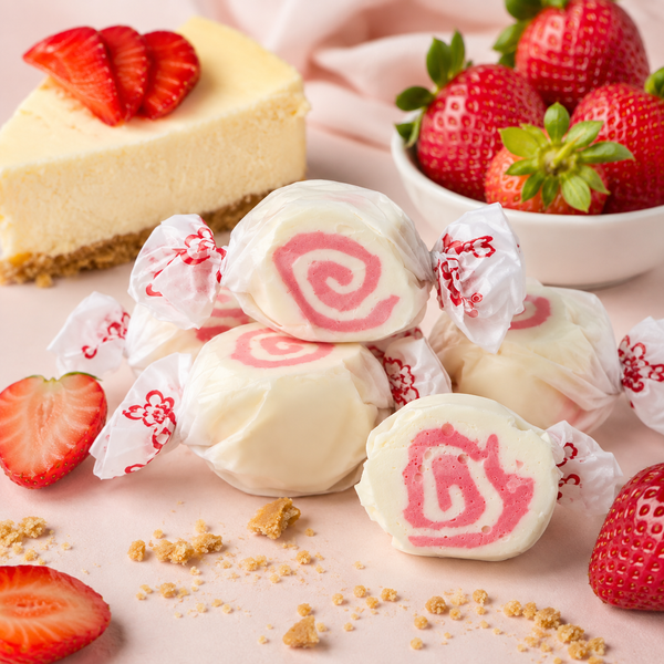 Strawberry Cheesecake salt water taffy, individually wrapped pieces
