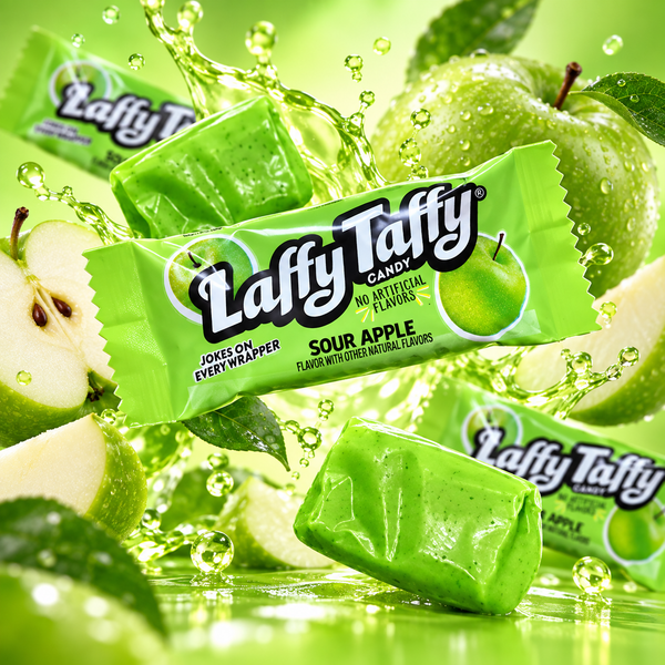Laffy Taffy Sour Apple wrapped mini bars in green wrappers