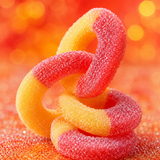 Sugar-coated gummy peach rings candy