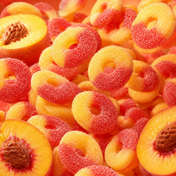 Sugar-coated gummy peach rings candy
