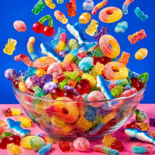 Mega gummy candy salad mix with peach rings, bears, sharks and sour worms
