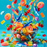 Mega gummy candy salad mix with peach rings, bears, sharks and sour worms
